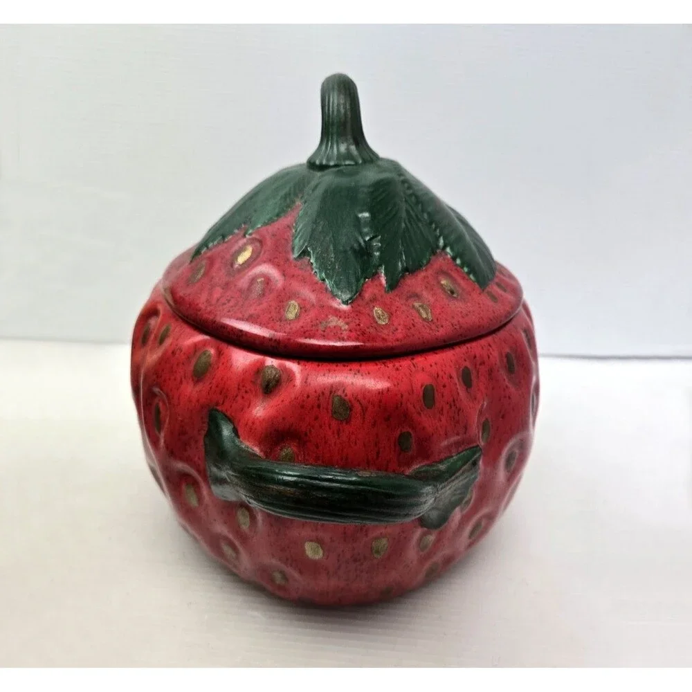 Vintage 1970s Ceramic Strawberry  Serving Bowl Cookie Jar w/ Lid 11